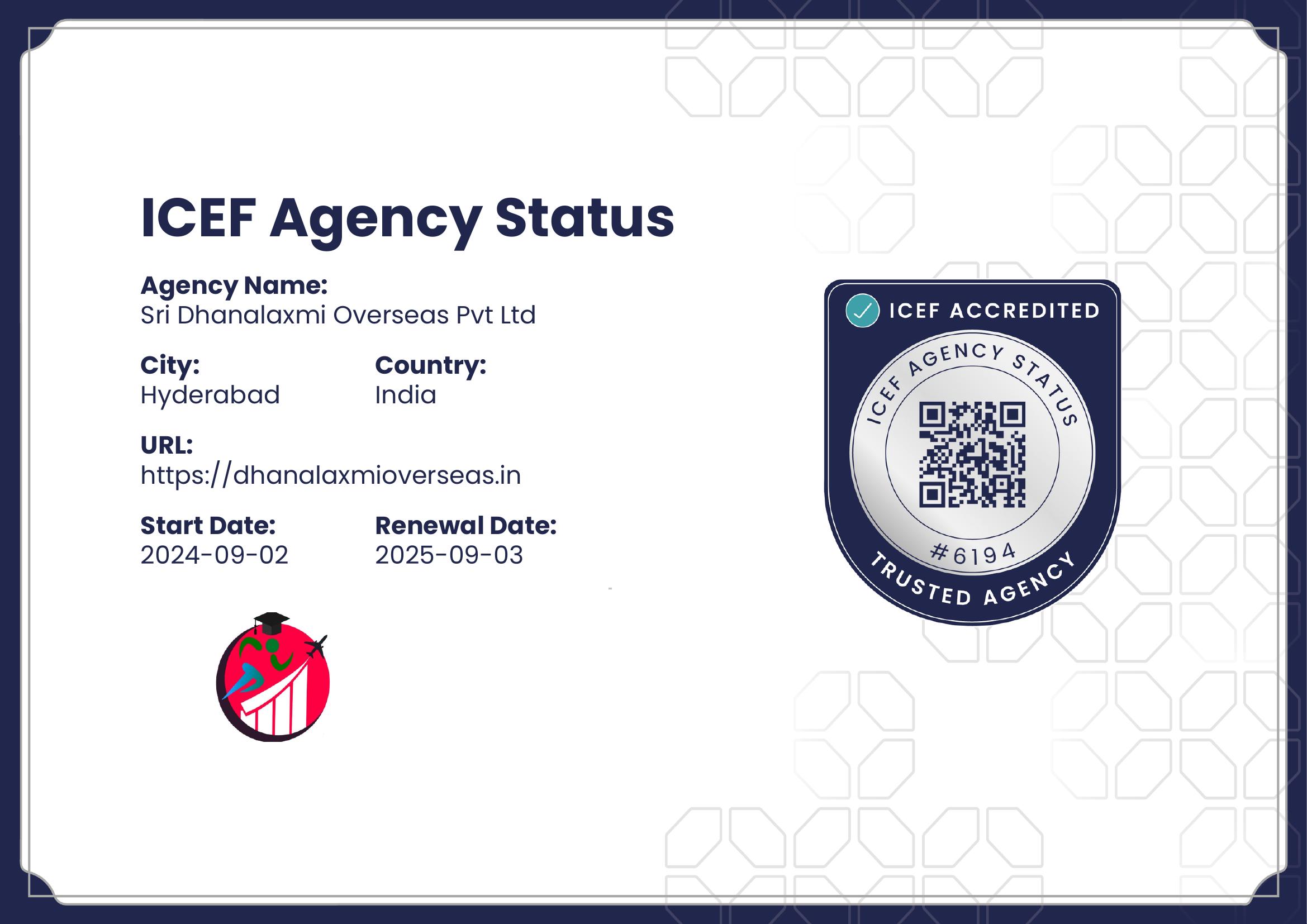 ICEF Agency Status certificate awarded to Dhanalaxmi Overseas