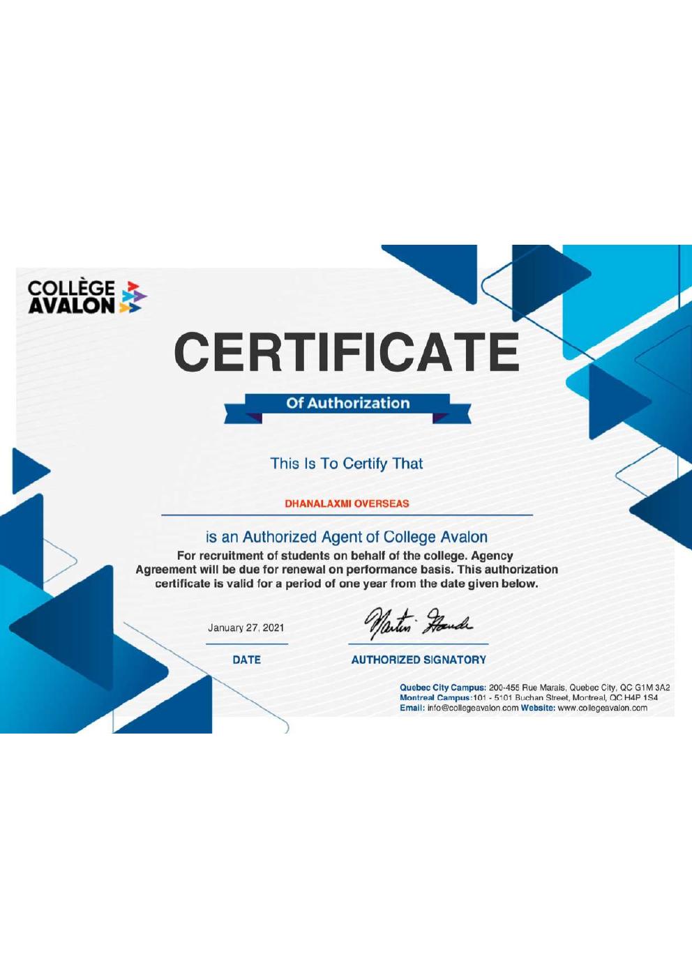 Collège Avalon, Quebec — Certificate of Authorization
