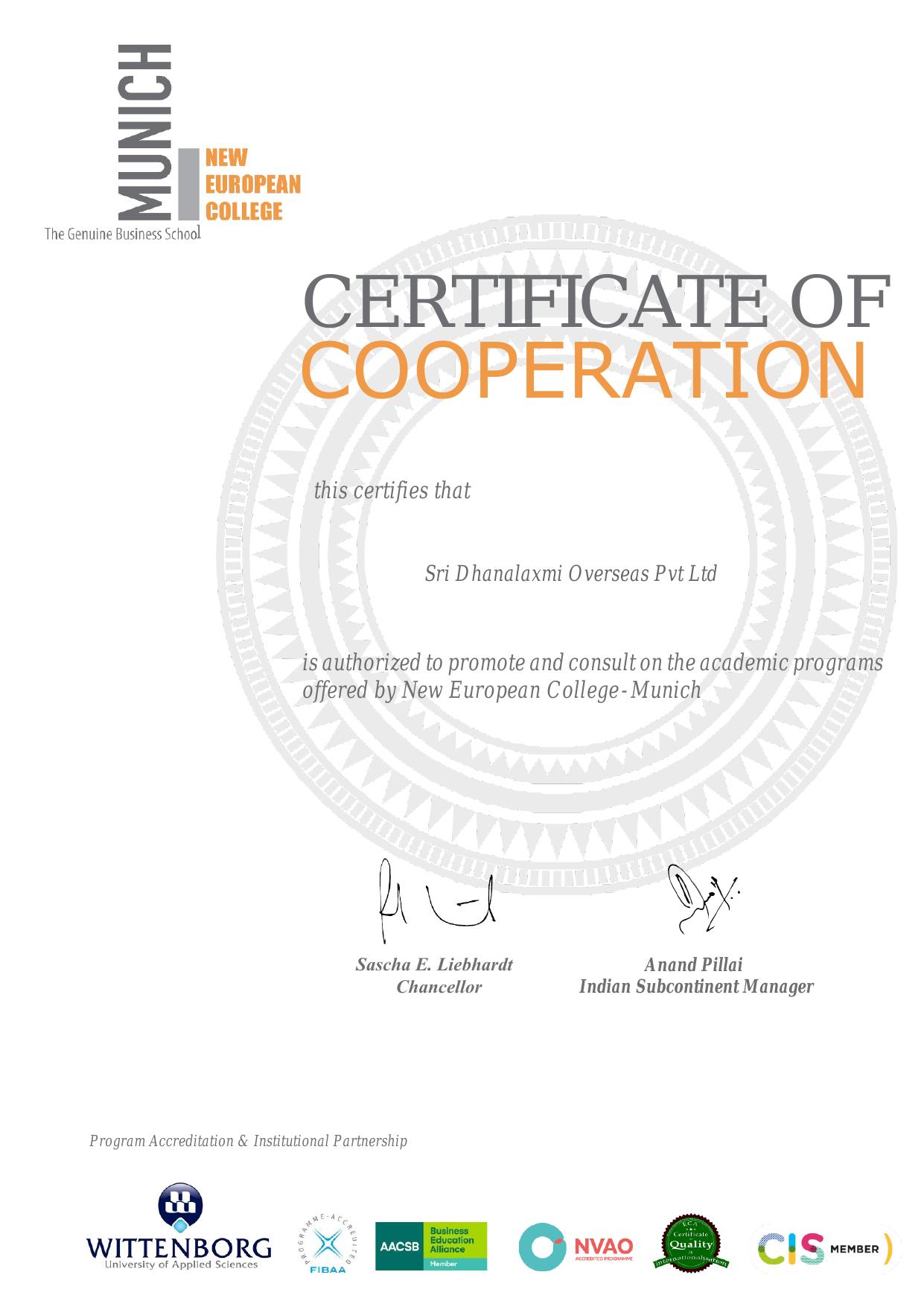 New European College, Munich — Certificate of Cooperation
