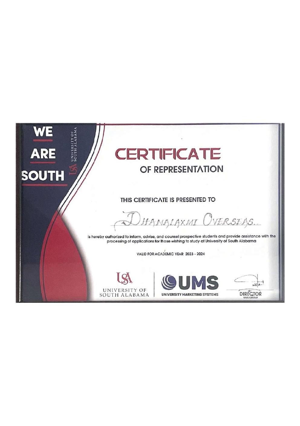 University of South Alabama — Certificate of Representation