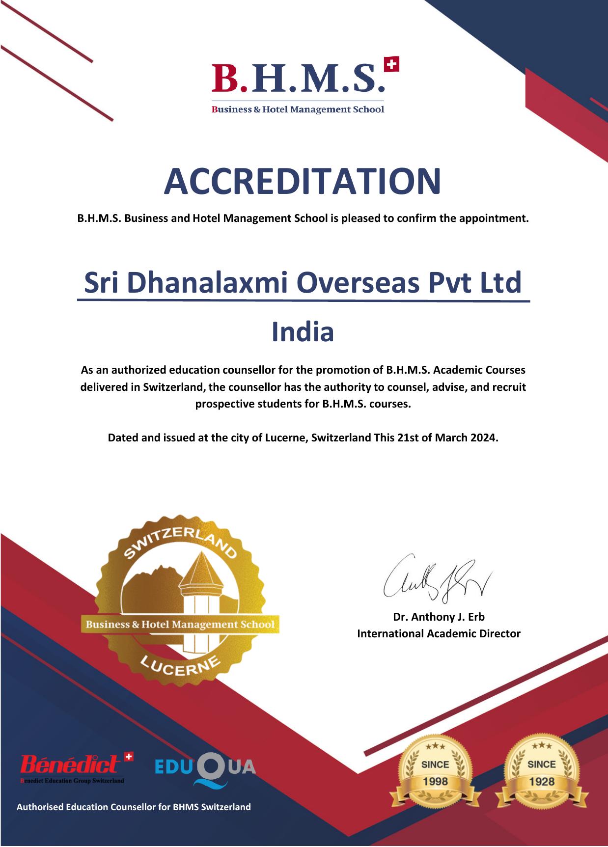 BHMS, Switzerland — Certificate of Representation