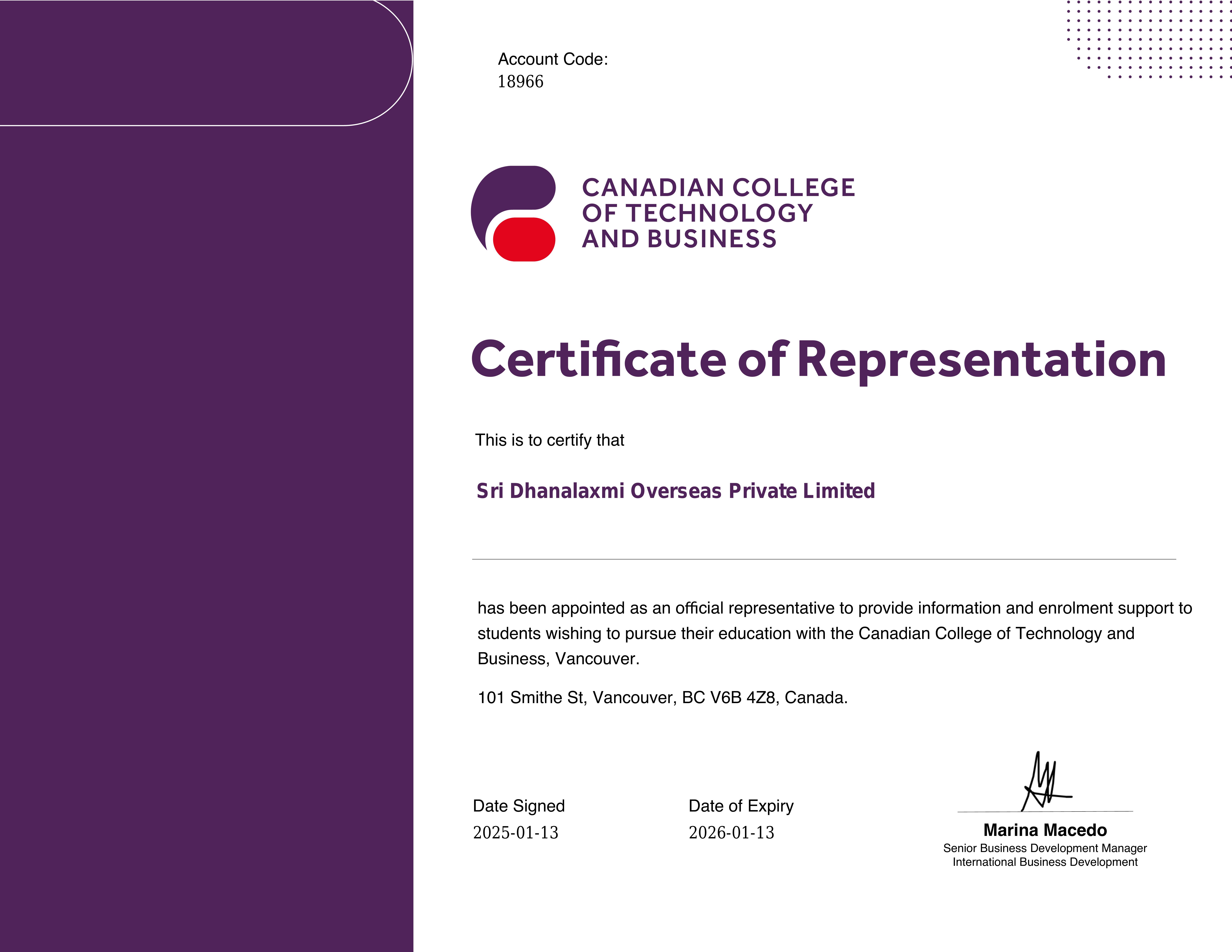 Canadian College, Vancouver — Authorised Recruitment Partner