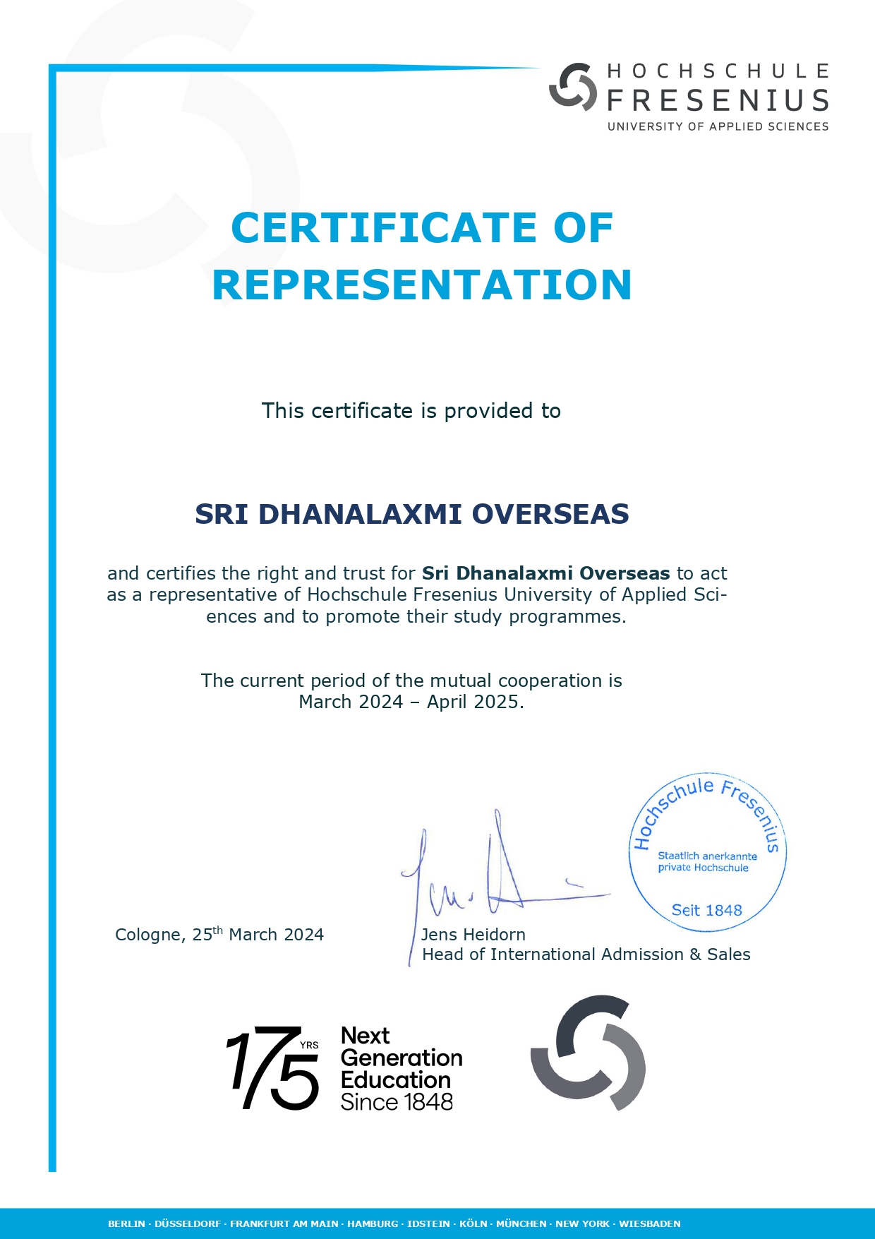 Hochschule Fresenius, Germany — Certificate of Representation