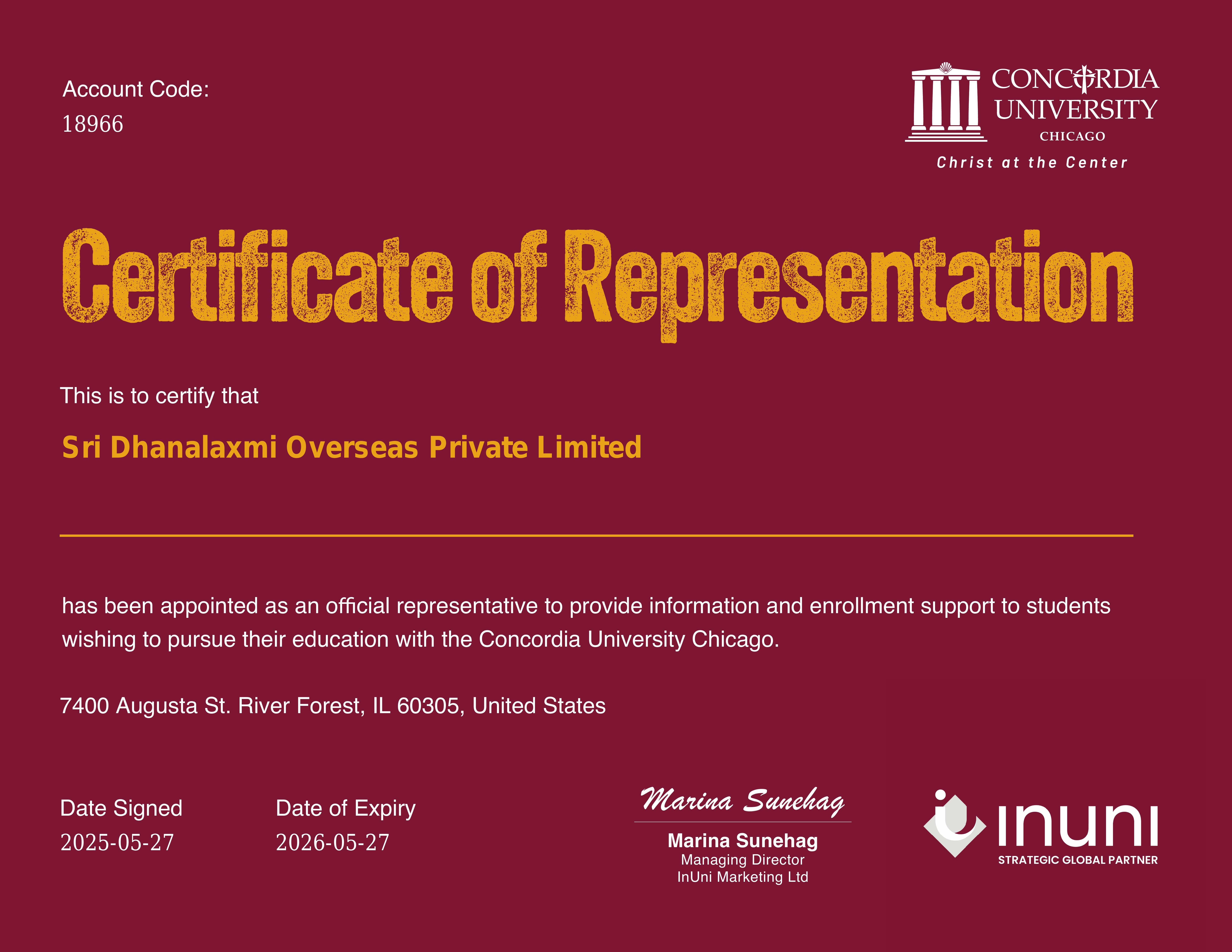 Concordia University, Canada — Certificate of Representation