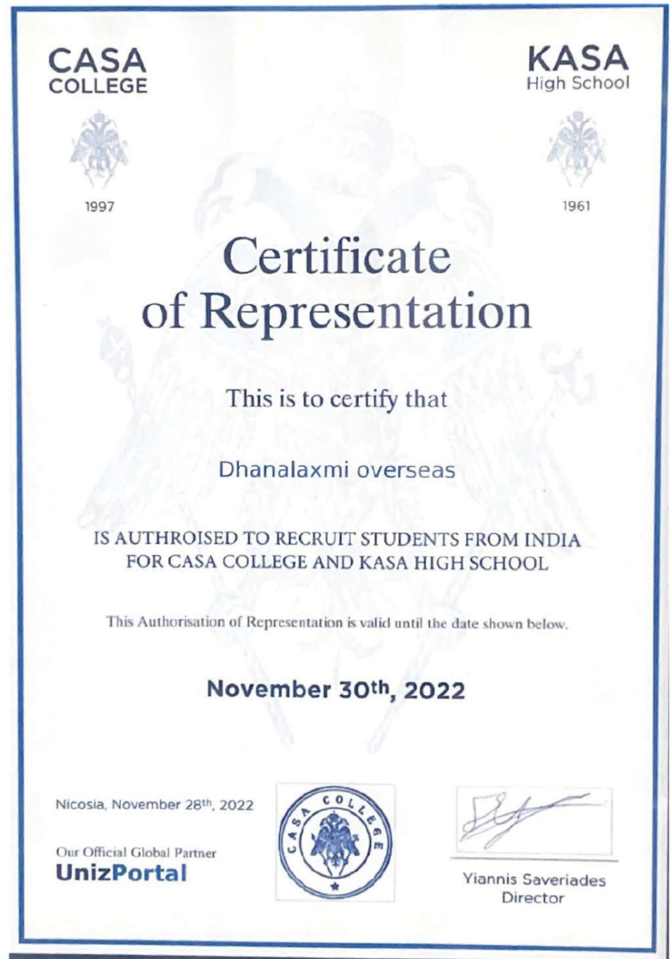CASA College & KASA High School — Certificate of Representation