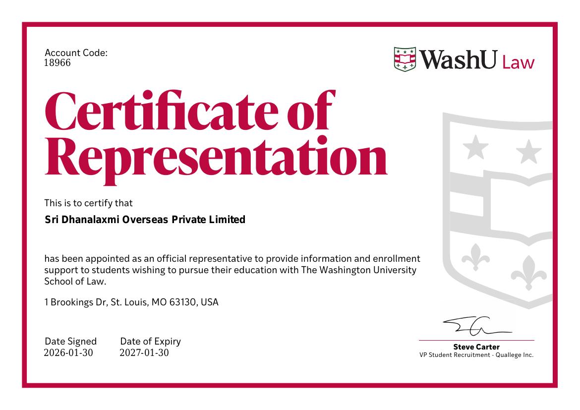Washington University School of Law — Certificate of Representation