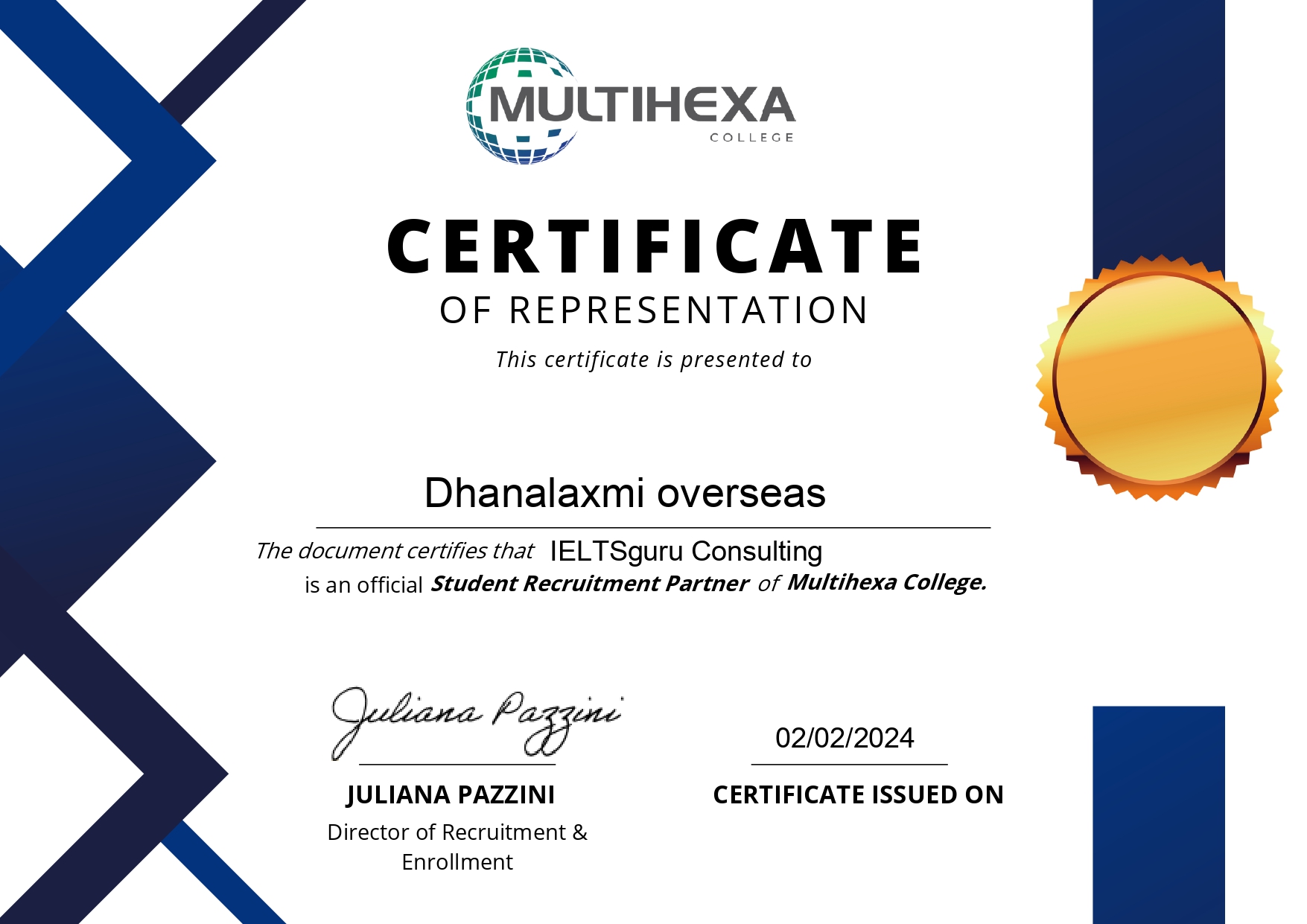Multihexa College, Canada — Certificate of Representation